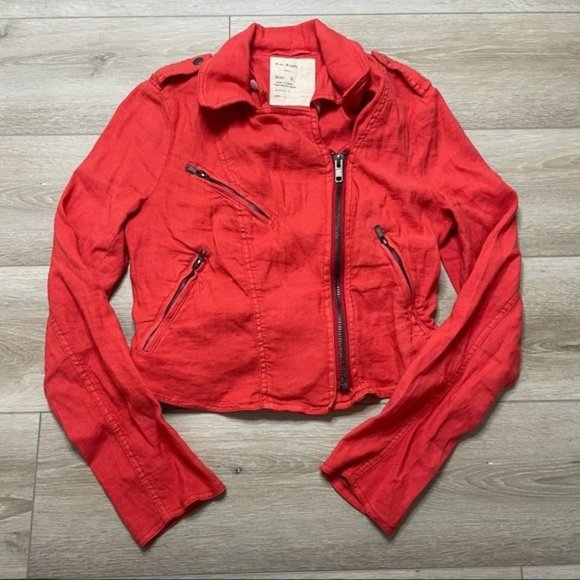 Free People Jackets & Blazers - Free People Linen Blend Red Moto Jacket Zip Up Light Weight